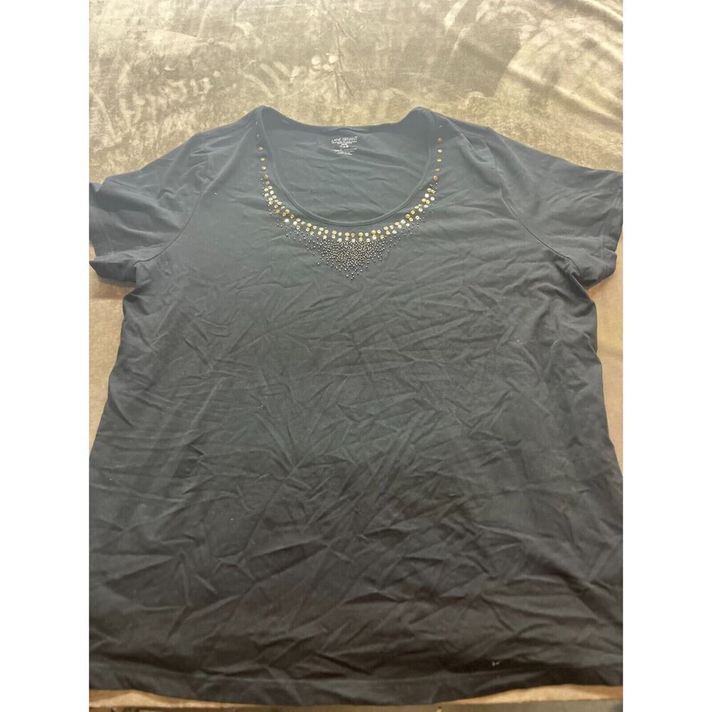 Lane Bryant Plus Size 26/28 V-Neck Tee Sequin Embroidered Black Gold Boho